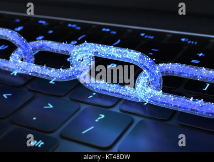 Die Kette mit den Daten auf einer Tastatur. 3D-Darstellung Stockfoto