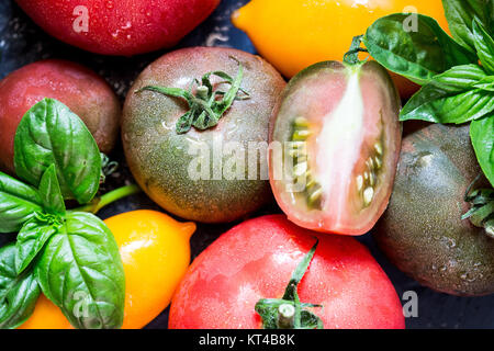 Bunte Tomaten in verschiedenen Größen und Arten mit Basilikum. Selektive konzentrieren. Stockfoto