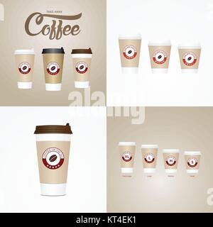 Kaffee auf der Go-Cups. Verschiedene Größen von nehmen Sie Papier Kaffeetassen Vector Illustration. Stock Vektor