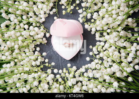 Hochzeit Hintergrund mit Ringen und Maiglöckchen. Stockfoto