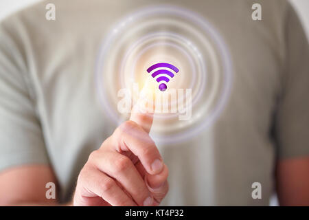 Geschäftsmann Zeigefinger auf kostenlosen WLAN Hotspot Schnittstelle 3D-Rendering Stockfoto