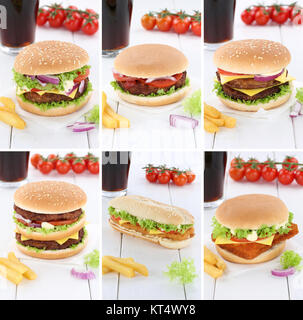 Hamburger Sammlung collage Cheeseburger Cola trinken Stockfoto