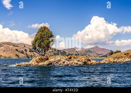 Einsamer Baum auf einer kleinen felsigen Insel auf einem See unter blauem Himmel mit flauschigen weissen Wolken Stockfoto
