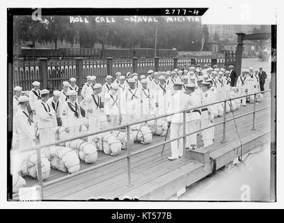 Dieses Foto zeigt einen namentlichen Aufruf der Marinemiliz vor dem Einstieg in die USS Alabama (BB-8), ein 1906 in Dienst gestelltes Schlachtschiff der United States Navy. Das Schiff diente sowohl im Ersten als auch im Zweiten Weltkrieg, und das Foto spiegelt die Marinevorbereitungen des frühen 20. Jahrhunderts wider. Stockfoto