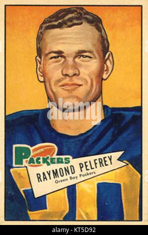 Diese Bowman-Karte 1952 zeigt Ray Pelfrey und zeigt ein Vintage-Stück aus der Bowman-Kartenkollektion. Die Karte ist ein Sammlerstück, das die Ära der frühen Baseball-Handelskarten repräsentiert. Stockfoto