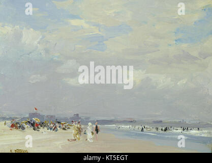 Rockaway Beach, gemalt von Edward Henry Potthast um 1910, fängt die lebhafte, sonnendurchflutete Atmosphäre dieses beliebten Strandziels ein. Sein Einsatz von Licht und lebendigen Farben vermittelt die Freude und Vitalität des Strandlebens. Stockfoto