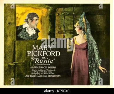 Die Rosita Lobby Card ist ein Werbebild aus dem Stummfilm *Rosita* aus dem Jahr 1923 mit Mary Pickford. Die Karte zeigt eine Szene aus dem Film, die Pickfords Performance in einer komödiantischen Rolle zeigt. Stockfoto