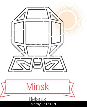 Minsk, Weißrussland Vektorlinie Symbol mit rotem Band isoliert auf Weiss. Minsk Wahrzeichen - Emblem - Drucken - Label - Symbol. Der nationalen Bibliothek von Weißrussland Stock Vektor