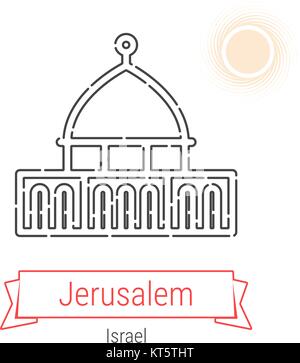 Jerusalem, Israel Vektorlinie Symbol mit rotem Band isoliert auf Weiss. Jerusalem Wahrzeichen - Emblem - Drucken - Label - Symbol. Moschee von Omar Piktogramm Stock Vektor