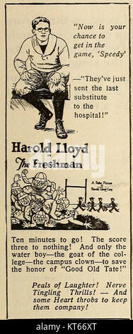 The Freshman Ad 01 ist eine Werbung für den Film The Freshman aus dem Jahr 1925 mit Harold Lloyd. Es wird als klassische Stummkomödie anerkannt, die die Geschichte der sozialen Kämpfe eines Studenten darstellt. Stockfoto