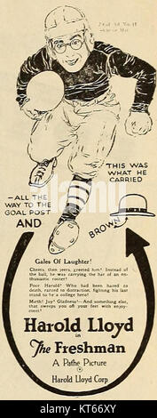Werbung für den Film „The Freshman“ aus dem Jahr 1925 mit Harold Lloyd, der für diesen klassischen Stummkomedy-Film wirbt. Stockfoto