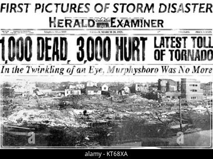 Der Tri-State Tornado, der am 18. März 1925 stattfand, war einer der tödlichsten Tornados in der Geschichte der USA. Sie zog durch Missouri, Illinois und Indiana und verursachte weitverbreitete Zerstörungen und mehr als 600 Todesopfer. Stockfoto