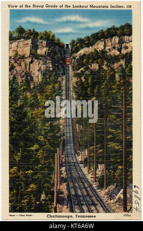 Dieses Bild zeigt den steilen Hang des Lookout Mountain in Chattanooga, Tennessee, Teil einer berühmten historischen und malerischen Eisenbahn. Die Steigung bietet einen atemberaubenden Blick auf die Umgebung. Stockfoto