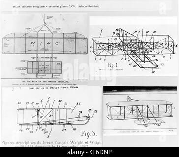 Die Patentpläne der Brüder Wright aus dem Jahr 1908 waren ein wesentlicher Bestandteil der frühen Entwicklung des motorisierten Fluges. Diese Pläne detaillierten ihre innovativen Entwürfe für das erste erfolgreiche Flugzeug, das den Grundstein für moderne Luftfahrttechnik und Flugmechanik legte. Stockfoto