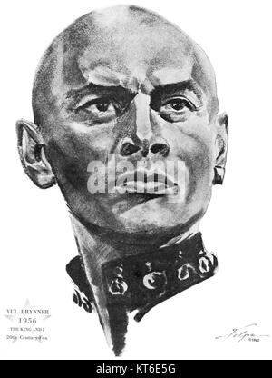 Eine Zeichnung von Yul Brynner aus dem Jahr 1956, dem berühmten russischen Schauspieler, der für seine ikonische Rolle in „der König und ich“ bekannt ist. Brynner war bekannt für seine kraftvollen Auftritte und seinen einzigartigen Look, was ihn zu einem großen Star in der Filmgeschichte machte. Stockfoto
