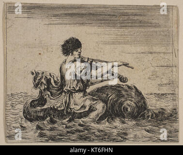 Arion, from 'Game of Mythology' (Jeu de la Mythologie)' ist eine Radierung des italienischen Künstlers Stefano della Bella aus dem Jahr 1644. Das Kunstwerk zeigt Arion, einen bekannten Musiker aus der griechischen Mythologie, der seine Zithara spielt, während er von einem Delfin begleitet wird, und verweist auf den Mythos, in dem Delfine ihn vor Seeleuten retteten. Das Stück befindet sich im Metropolitan Museum of Art Stockfoto