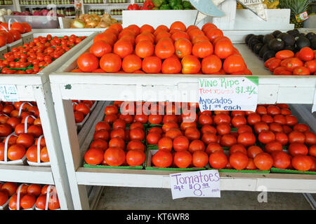 Bauernmarkt oder Markt produzieren oder mit Beefsteak, Roma und Cherry Tomaten zum Verkauf stand mit Avocados und andere Früchte und Gemüse. Stockfoto