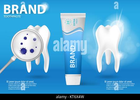 Zahnpasta ad. Realistische sauberen und schmutzigen Zahn auf blauem Hintergrund, Clearing Zahn Prozess mit Aroma von Mint Zahnpasta, Zahnpasta und Schutz vor Karies. Konzept der gesunden Zähne. Stock Vektor