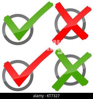 Rote und grüne Häkchen und Kreuze Stockfoto