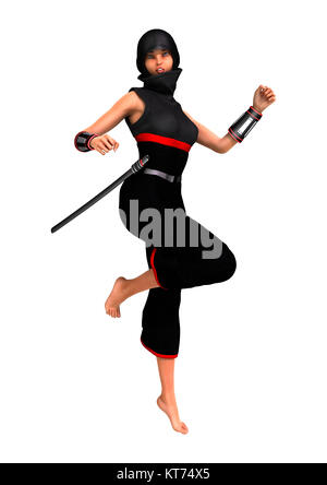 3D-Rendering weibliche Ninja auf Weiß Stockfoto