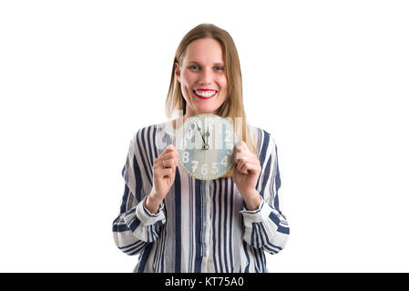 Blonde Frau mit einer Uhr, die die Zeit, isoliert auf weißem Stockfoto