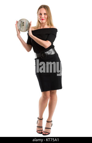 Blonde Frau mit einer Uhr, die die Zeit, isoliert auf weißem Stockfoto