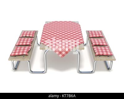 Picknick Tisch mit roten Tisch Decken und Kissen. 3D Stockfoto