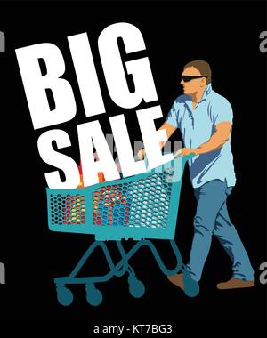 Großer Verkauf. Kreative buntes Plakat. Mann auf Einkaufen mit Einkaufswagen und Einkaufstaschen. Schwarzer Freitag Design Template auf schwarzem Hintergrund. Vektor Stock Vektor