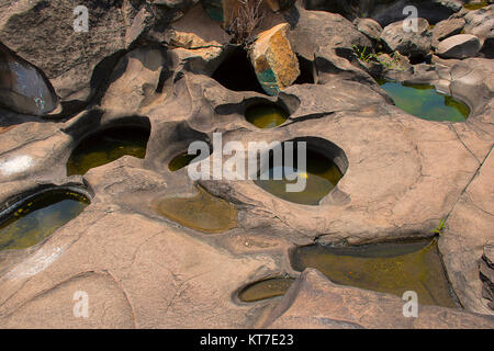 Natürlich erstellt Schlaglöcher (TINAJAS) auf dem Flussbett des Kukadi Fluss, Nighoj, Ahmednagar District, Maharashtra Stockfoto