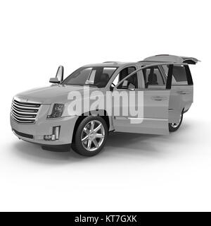 Silver Sport Utility Vehicle isoliert auf weißem Hintergrund. Türen geöffnet. 3D-Darstellung Stockfoto