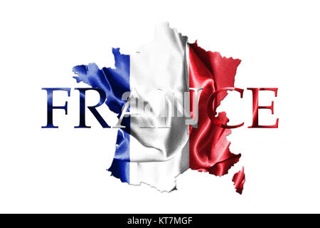 Nationale Flagge von Frankreich winken in der 3D Darstellung der Wind mit Französisch Karte und Land Name isoliert auf weißen Hintergrund drauf Stockfoto