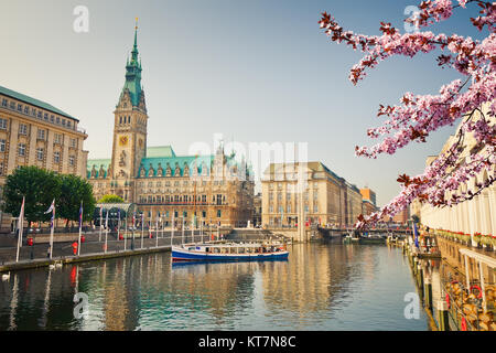 Blick auf Hamburg Rathaus am Frühling Stockfoto