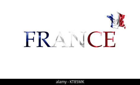 Nationale Flagge von Frankreich winken in der 3D Darstellung der Wind mit Französisch Karte und Land Name isoliert auf weißen Hintergrund, es Stockfoto