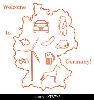 Vector Illustration mit verschiedenen Symbolen in Deutschland. Reisen und Freizeit. Design für Banner, Poster oder Drucken. Stock Vektor