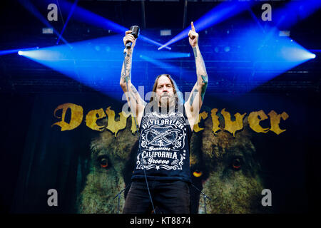 Die amerikanische heavy metal band DevilDriver führt eine live während der dänischen Heavy Metal Music festival Copehell 2017 in Kopenhagen. Hier Sänger Dez Fafara ist live auf der Bühne gesehen. Dänemark, 22.06.2017. Stockfoto