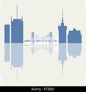 Silhouetten der Golden Gate, Hängebrücke und moderne Gebäude in den USA. Hohe Gebäude, Wolkenkratzer und Brücke. Stock Vektor