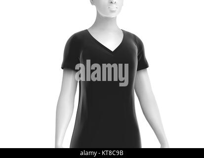 Mit V-Ausschnitt, schwarz T-Shirt, Frauen Mode dummy tragen Leer schwarzes Tuch auf weißem Hintergrund Template, 3D-Rendering Stockfoto