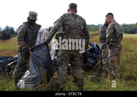 SCHOFIELD Kasernen, Hawaii - Soldaten der 2. Brigade Combat Team, 25 Infanterie Division Pick-up Die stauholz aus dem niedrigen Kosten niedriger Höhe (LCLA) lädt vom 25. sustainment Brigade 12. Dezember fiel, während der Übung an der Kahuku Training Bereich links. Die LCLA Lieferung Methode wird am Boden Truppen bei weniger Kosten und höhere Genauigkeit als eine der großen Höhe airdrop ist die bevorzugte Methode für leichte Verbrauchsmaterialien zu versorgen. (U.S. Armee Stockfoto