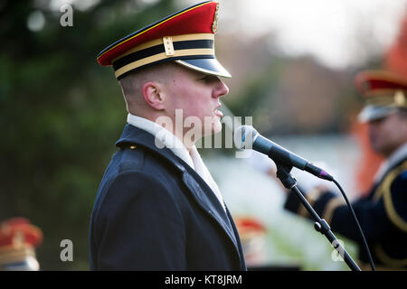 Staff Sgt. Chris Rettig, Sänger, U.S. Army Band, 'Pershind der Eigenen', singt "my Buddy' während der militärischen Ordnung der Welt Kriege Gedenkgottesdienst am Veterans Day am Grab von General der Armeen John Pershing in Abschnitt 34 der Arlington National Cemetery, Arlington, Virginia, November 11, 2017. Vertreter aus über einem Dutzend Ländern an Pershing der Grabstätte. (U.S. Armee Foto von Elizabeth Fraser/Arlington National Cemetery/freigegeben) Stockfoto