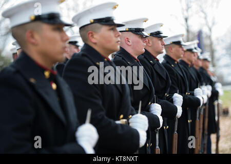 Marines aus dem Marine Kaserne, Washington, D.C. (8 und I), das United States Marine Band", "der Präsident", und die 3d-US Infanterie Regiment (Alte Garde) Caisson Platoon in der vollen Ehren Begräbnis des US Marine Corps teilnehmen. Pvt. Archie Newell in Abschnitt 60 von Arlington National Cemetery, Arlington, Va., Nov. 8, 2017. Mit der Firma C, zweiter Tank Battalion, 2nd Marine Division in 1943 zugewiesen, Newell starb, als seine Abteilung versucht, die kleine Insel Betio im Tarawa Atolls aus der Japanischen zu sichern. Obwohl die Schlacht mehrere Tage dauerte, Newell starb am ersten Tag der Schlacht Stockfoto