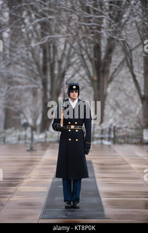 Grab Sentinels, Teil des 3D-US-Infanterie Regiment (Die Alte Garde), Teil in einem Wachwechsel Zeremonie am Grab des Unbekannten Soldaten in den nationalen Friedhof von Arlington, Jan. 30, 2017 in Arlington, Virginia. Das Grab Sentinels nimmt Guard das Grab 365 Tage im Jahr bei jedem Wetter. (U.S. Armee Foto von Rachel Larue/Arlington National Cemetery/freigegeben) Stockfoto