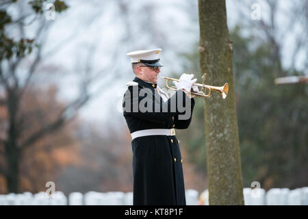 Ein hornist aus dem United States Marine Band", "der Präsident selbst "spielt Tippt während der vollen Ehren Begräbnis des US Marine Corps. Pvt. Archie Newell in Abschnitt 60 von Arlington National Cemetery, Arlington, Va., Nov. 8, 2017. Mit der Firma C, zweiter Tank Battalion, 2nd Marine Division in 1943 zugewiesen, Newell starb, als seine Abteilung versucht, die kleine Insel Betio im Tarawa Atolls aus der Japanischen zu sichern. Obwohl die Schlacht mehrere Tage dauerte, Newell starb am ersten Tag der Schlacht, Nov. 20, 1943. Zunächst wird nach dem Ende von Kampfhandlungen auf Tarawa, US-Mitglieder wurden in einer Reihe von b begraben Stockfoto