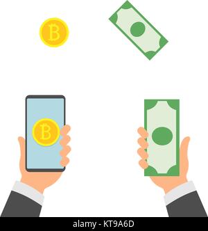 Geldwechsel Banking Begriff Vektor. Menschliche Hand Banner. Hand Smartphone. Smart Phone und Hände. Dollar und Bitcoin. Wireless Finanzen zu senden. Isolierte Abbildung Stock Vektor