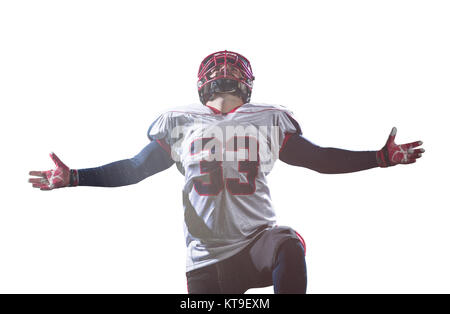 American Football Spieler feiern nach einen Touchdown auf weißem Hintergrund Stockfoto