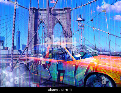 Surreale digitaler Kunst Yellow cab auf der Brooklyn Bridge. Graffiti Elemente. Stockfoto