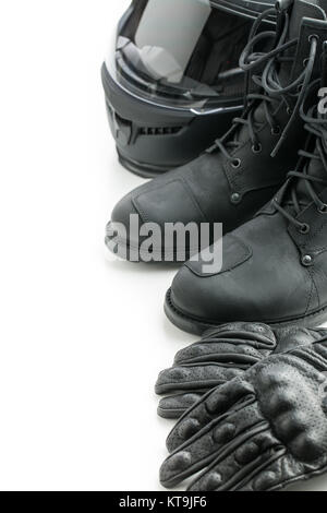 Motorrad Helm, Handschuhe und Stiefel. Stockfoto