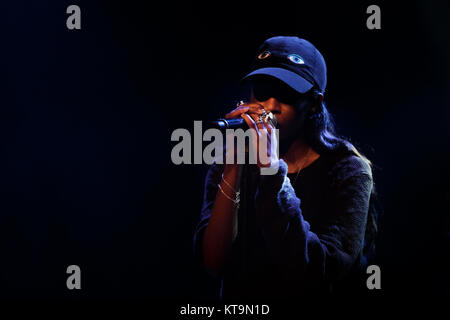 Der amerikanische Rapper Raeen Fischmilch Wilson ist besser wissen, indem Ihr Name Engel Haze und Hier führt live Konzert in Pumpehuset in Kopenhagen. Dänemark, 25/01 2016. Stockfoto