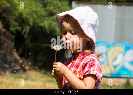 Kleine Mädchen in einen Hut weht ein Löwenzahn Stockfoto