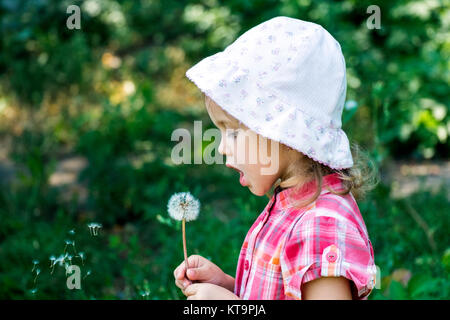 Kleine Mädchen in einen Hut weht ein Löwenzahn Stockfoto