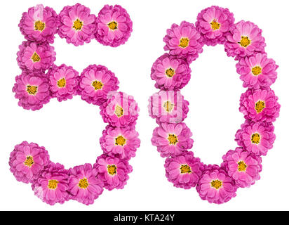 Arabische Zahlen 50, 50, von Blumen der Chrysantheme, auf weißem Hintergrund Stockfoto